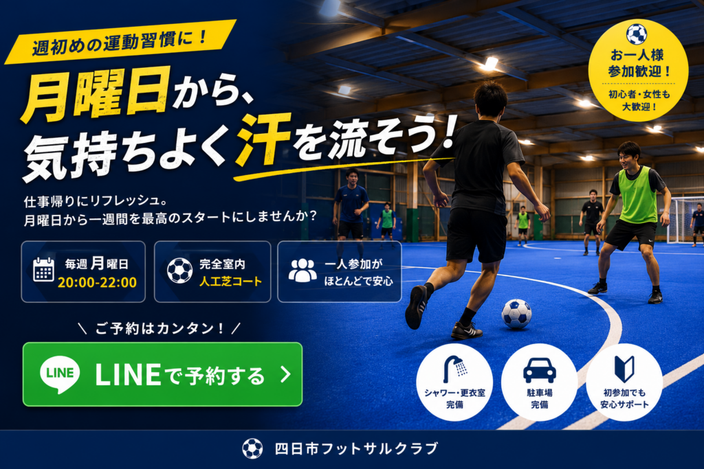 四日市フットサルクラブの月曜個サル。毎週月曜日20:00〜22:00開催。週初めの運動習慣をコンセプトに、お一人様・初心者・女性も気軽に参加できる個人参加フットサル。